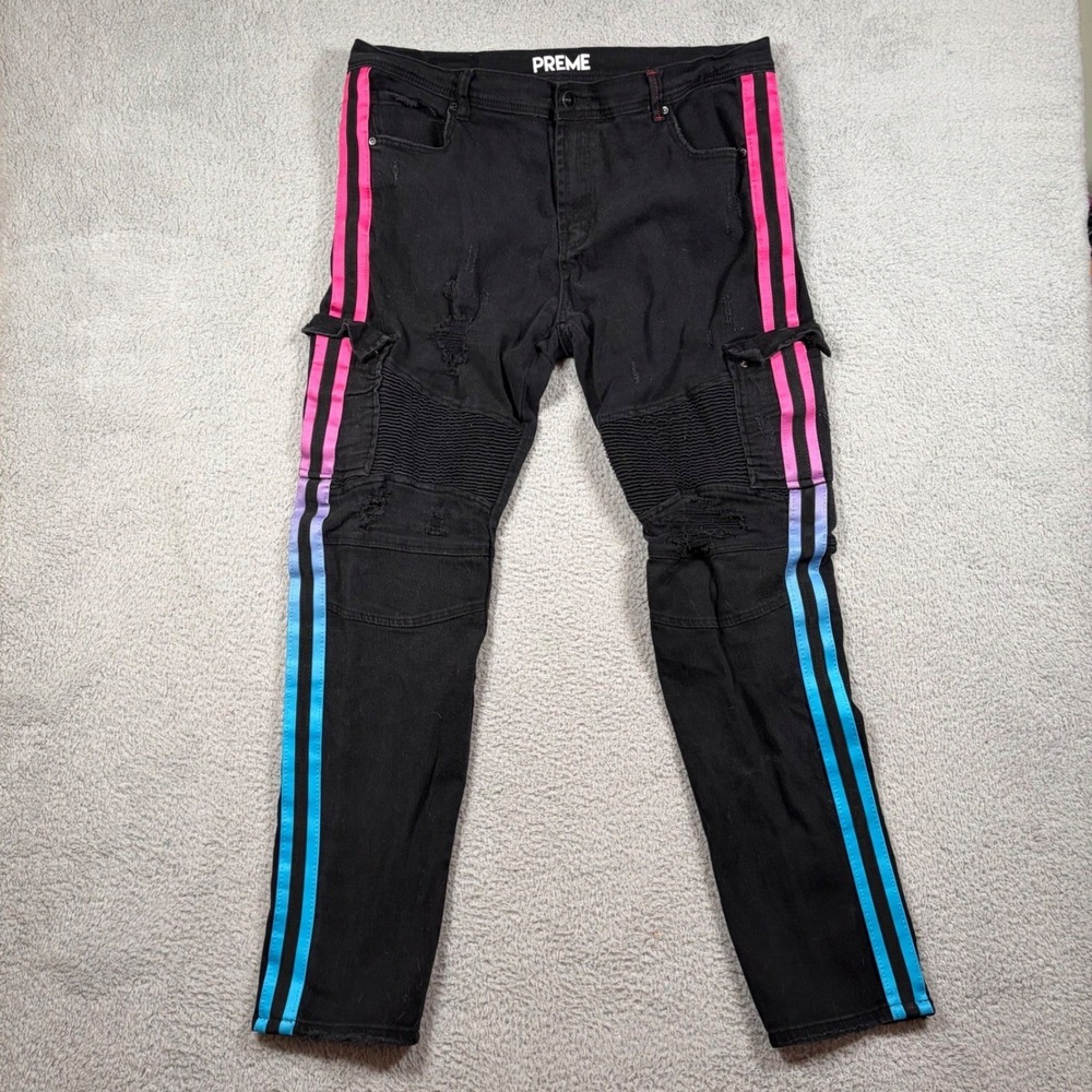 PREME Mens Black Distressed Moto Cargo Jeans Pink Blue Ombre Side Stripe 42x31